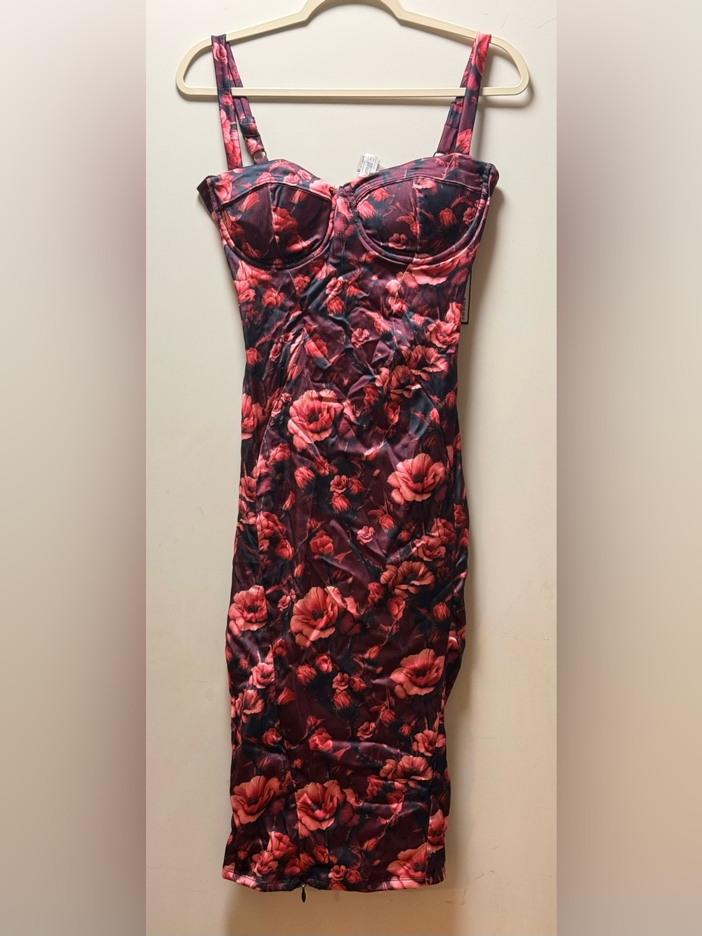 New Ta3 Lushy Stretch Midi Dress. Wine Floral. Size Medium